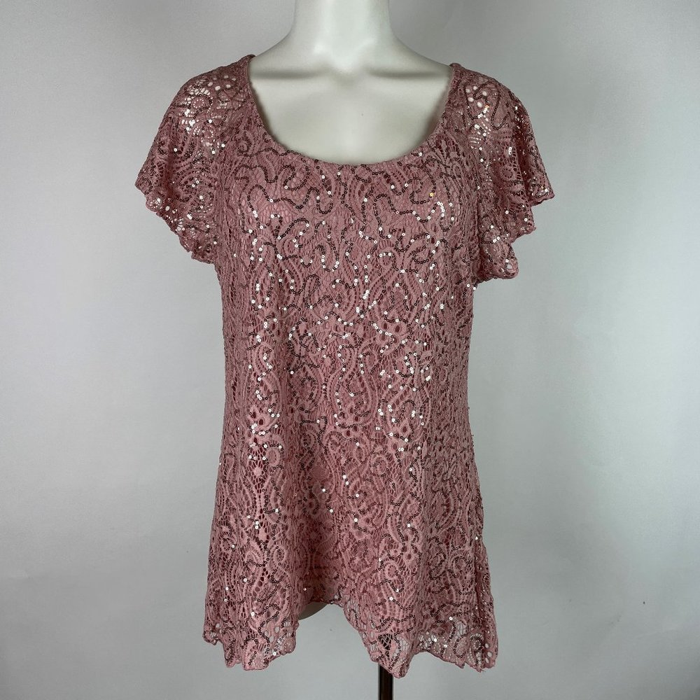 BRITTANY BLACK Sequin pink short sleeve party top Medium